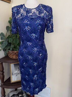 Vintage Robert Anthony Royal Blue Beaded Lace Cocktail Dress Sz 4